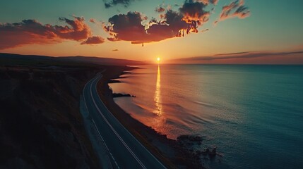 Poster - A stunning road by the sea at sunset, with vibrant colors in the sky and water, perfect for landscape and travel copy space
