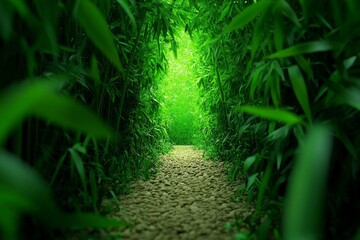 Poster - A dense bamboo forest with tall stalks creating natural tunnels of green, and light gently filtering through