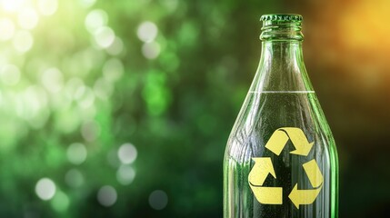 Poster - A sustainable glass beverage bottle with the recycle icon, promoting the recycling of glass materials, with a large center space for text