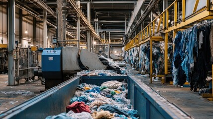 Poster - A textile fiber recycling facility showing machines processing old clothes into raw fibers for new garments, with room for text overlay