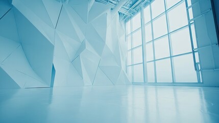 Poster - Modern Bright Interior with Geometric Wall Design and Large Windows