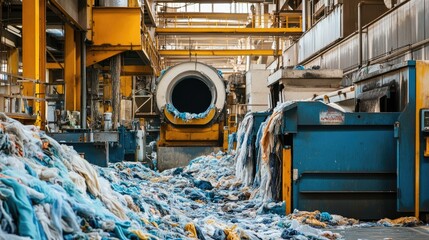 Poster - A textile recycling plant with shredded clothes and fabrics being processed into raw fibers, ideal for sustainability messages, with center space for text