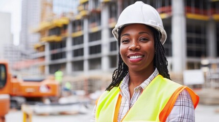Poster - Female CEO at a construction project site actively leading and managing large-scale developments on solid white background,