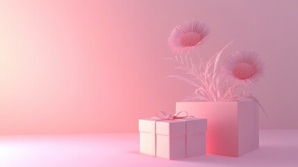 Poster - A Valentine Day-inspired 3D design with a soft pink background, including a gift box and flower, ideal for love-related messages with room for text.