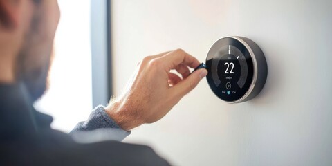 A person adjusts a smart thermostat displaying a temperature of 72 degrees, emphasizing modern home automation and energy efficiency.