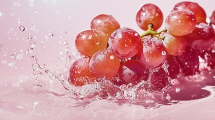 Wall Mural - pink grapes in water splashes on pink background banner