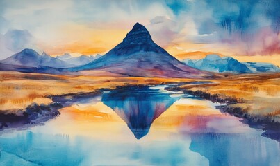 Wall Mural - Watercolor Long exposure shot of the Kirkjufell mountain with the river in the foreground, in Iceland, sunrsie, epic view