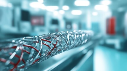 Poster - Close-up of bioengineered stents in a medical setting, designed for cardiovascular health, with space for explanatory text on the side.
