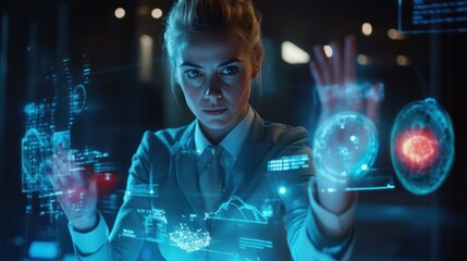 Poster - High-tech businesswoman with holographic displays