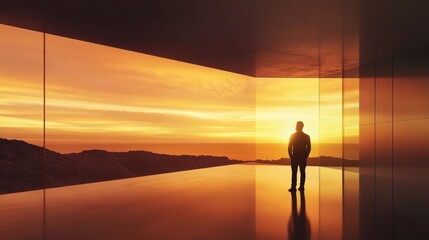 Poster - man standing near panoramic windows with a breathtaking sunset in the background, warm golden light 
