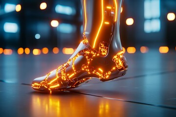 Aufkleber - A futuristic depiction of a glowing robotic foot, with intricate metallic details and neon lights illuminating its structure in a dark, high-tech environment