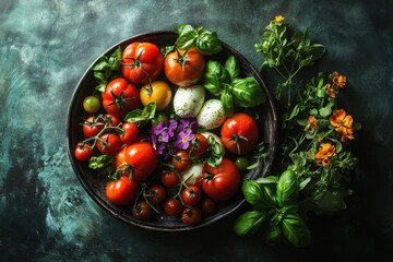 Canvas Print - Tomatoes Basil Mozzarella And Flowers In A Bowl