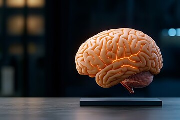 Fototapete - A futuristic scene of a human brain with glowing neural pathways, symbolizing focus and thought, set against a high-tech digital interface