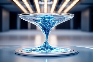 Poster - A futuristic transparent funnel with glowing blue liquid flowing into a sleek, high-tech container in a laboratory setting