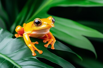 Poster - A golden frog sitting in a rainforest at dusk, with soft light highlighting the lush foliage and serene atmosphere