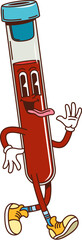 Poster - Cartoon test tube groovy medicine and health character with sticking tongue. Isolated vector quirky laboratory beaker filled with a blood Retro personage for science, healthcare and medical work