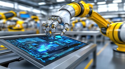 Poster - Robotic Arm Manipulating Digital Control Panel in Automated Factory