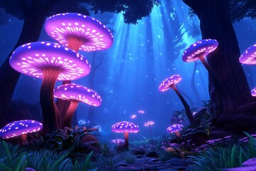 Poster - A magical forest glowing with bioluminescent plants and enchanted creatures, with sparkling light beams creating a mystical atmosphere
