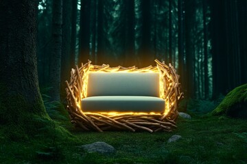 Poster - A magical throne made of intertwined branches and gemstones, glowing softly in an enchanted forest with ethereal light