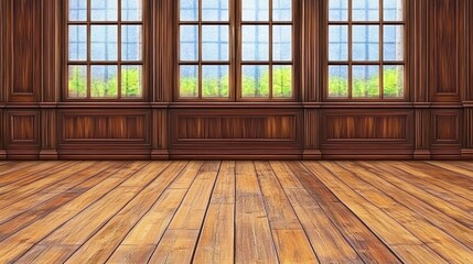 Poster - Elegant wooden interior with large windows and natural light