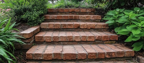 Poster - Brick steps invitingly lead towards a serene garden path surrounded by lush greenery enhancing outdoor charm and ambiance.