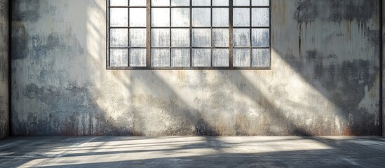 Poster - Cement wall with stains and large window showcasing industrial design and urban decor with sunlight streaming through.