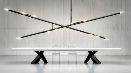 Poster - Minimalist modern glass and metal table with geometric lighting in a bright clean interior setting