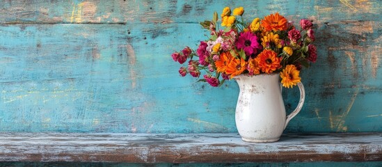 Poster - Vibrant floral arrangement in a rustic white jug on a weathered wooden shelf ideal for home decor and interior design inspiration