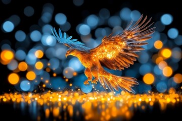 Poster - A mystical phoenix flying through a glowing sky of stars and magical light trails, representing rebirth and freedom