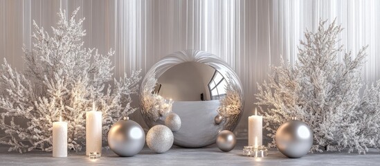 Poster - Elegant Christmas decoration featuring a mirror ball and silver accents surrounded by illuminated candles and frosted trees.