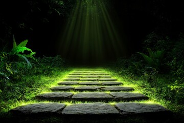 Poster - A mystical scene of glowing footprints leading through an enchanted forest, with light beams radiating from each step and magical flora surrounding the path