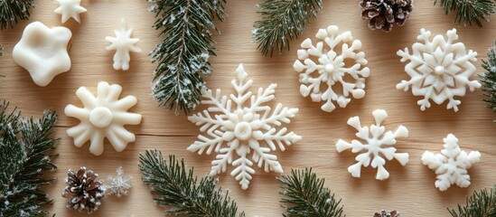 Poster - Christmas card design showcasing elegant snowflakes and pine branches on a rustic wooden background for festive seasonal greetings