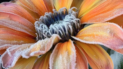 Wall Mural - Frosty Petals of a Calendula Flower Showcasing Winter Beauty in Close-Up Detail