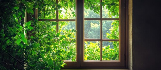 Poster - Serene window view showcasing vibrant foliage and natural light enhancing a tranquil indoor ambiance
