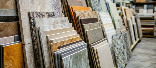 Poster - Vibrant ceramic tiles in a stylish showroom featuring diverse colors and patterns ideal for contemporary interior design projects