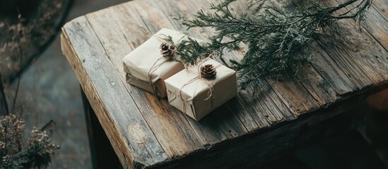 Poster - Rustic Christmas gifts and pine branch arranged beautifully on a weathered wooden table for a festive holiday atmosphere