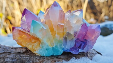 Poster - Colorful cluster of calcite quartz and chalcedony crystals showcasing vibrant hues against a natural outdoor backdrop