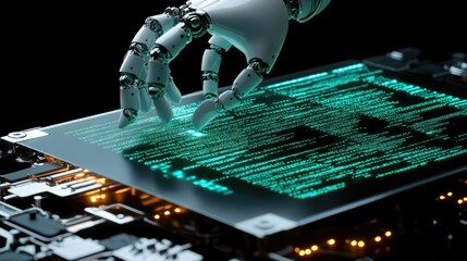 Poster - Robotic Hand Interacting with Digital Code on Futuristic Screen