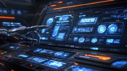 Poster - Futuristic Control Panel with Robotic Hands and Interactive Screens