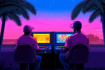 Poster - A pixel art scene of a retro arcade, with characters playing colorful games and animated lights creating a lively environment