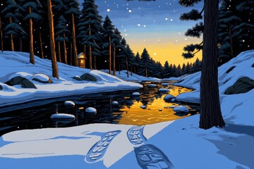 Aufkleber - A pixel art scene of footprints forming a trail through a snowy landscape, with animated snowflakes falling softly in a retro game style