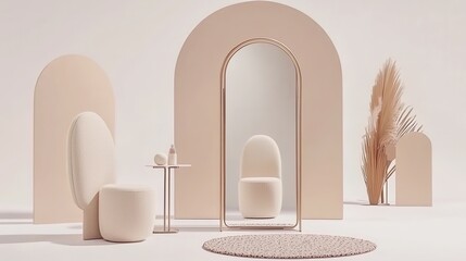 Poster - Minimalist Neutral Toned Interior Design Composition with Curved Architectural Elements and Furniture