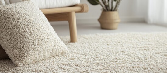 Poster - Textured cream carpet with decorative pillow on a clean background highlighting design details and modern interior aesthetics