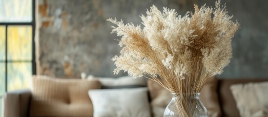 Poster - Elegant dried grass bouquet in a clear glass vase enhancing modern interior decor with a cozy atmosphere and natural textures.