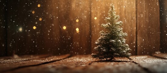 Poster - Christmas fir tree with snow against a warm wooden background illuminated by bokeh lights creating a cozy holiday atmosphere