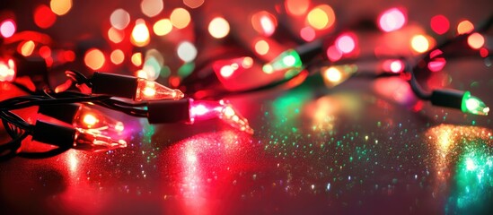 Poster - Colorful Christmas lights reflecting on a shiny surface creating a festive holiday ambiance suitable for seasonal decorations and celebrations.