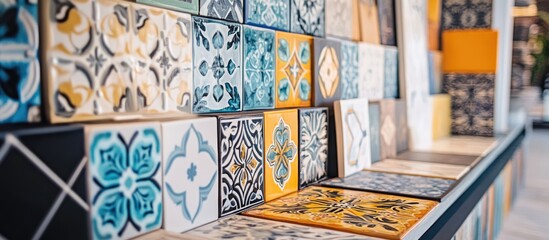 Poster - Vibrant ceramic tiles in an interior design store highlighting an array of colors and intricate patterns for stylish home decor