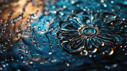 Poster - Textured floral design on a vibrant blue background with water droplets reflecting light creating a visually captivating effect