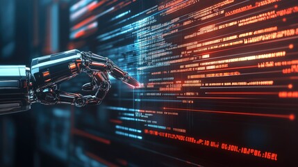Poster - Futuristic Robot Hand Interacting with Digital Code in Dark Space