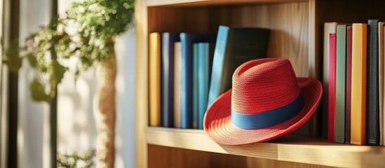 Poster - Chic red hat resting on vibrant books in a warm and inviting reading nook with natural light and wooden shelves